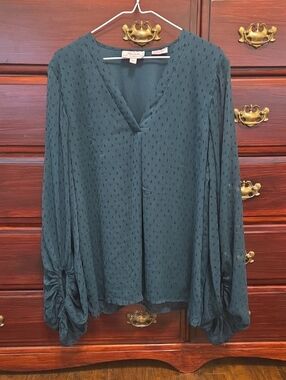 Panhandle Dark Green With Black Textured V‑Neck Blouse with Balloon Sleeves